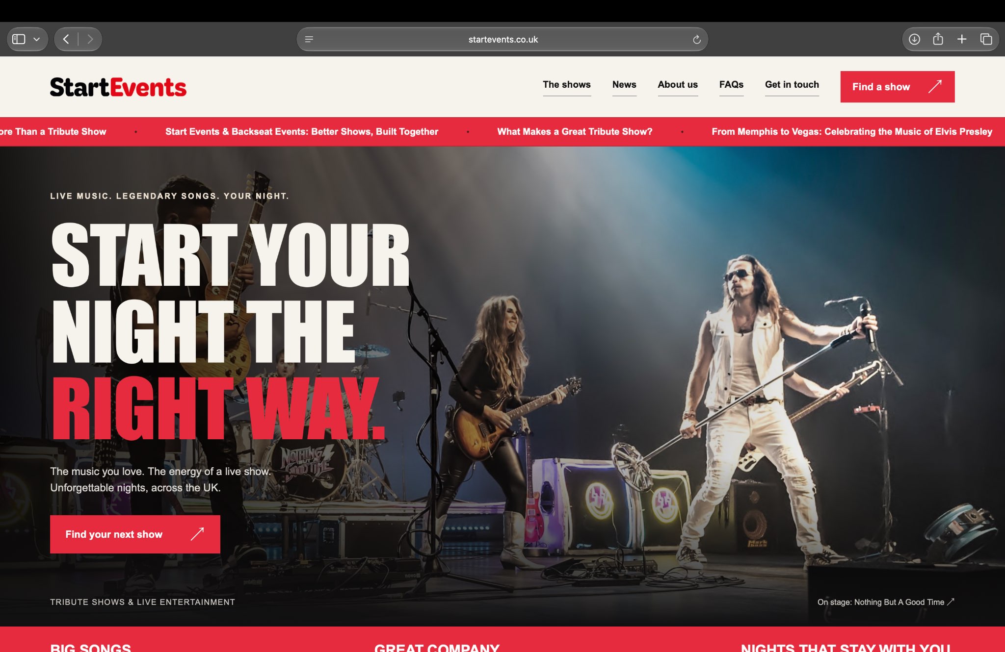 Start Events website design with bold red typography and live music imagery