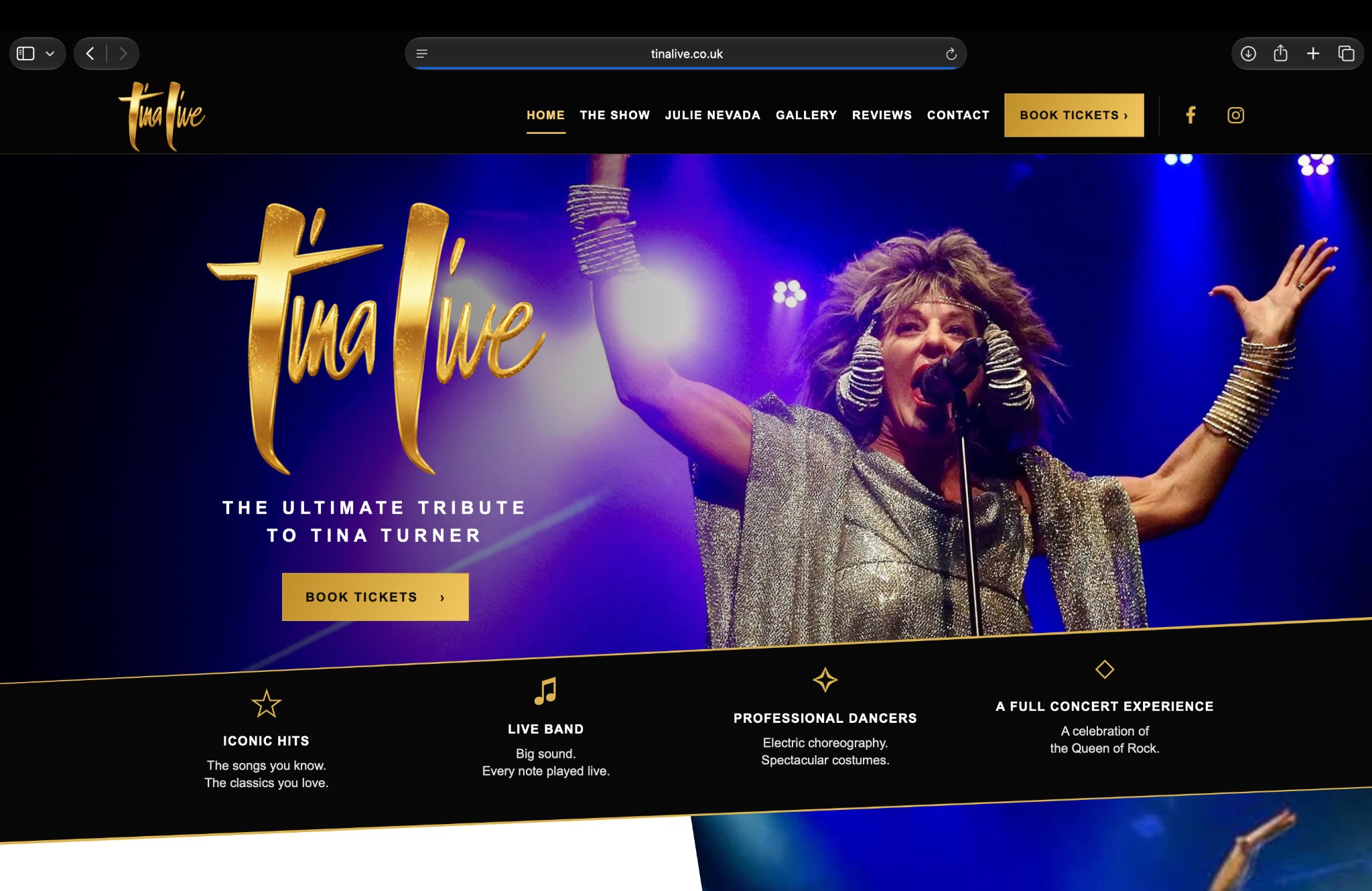 Tina Live website design with gold branding and a full-width performance photograph